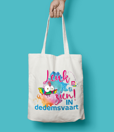 Bedrukte tas met een visuele identiteit, voorbeeldbeeld uit de ontwerp-PDF.